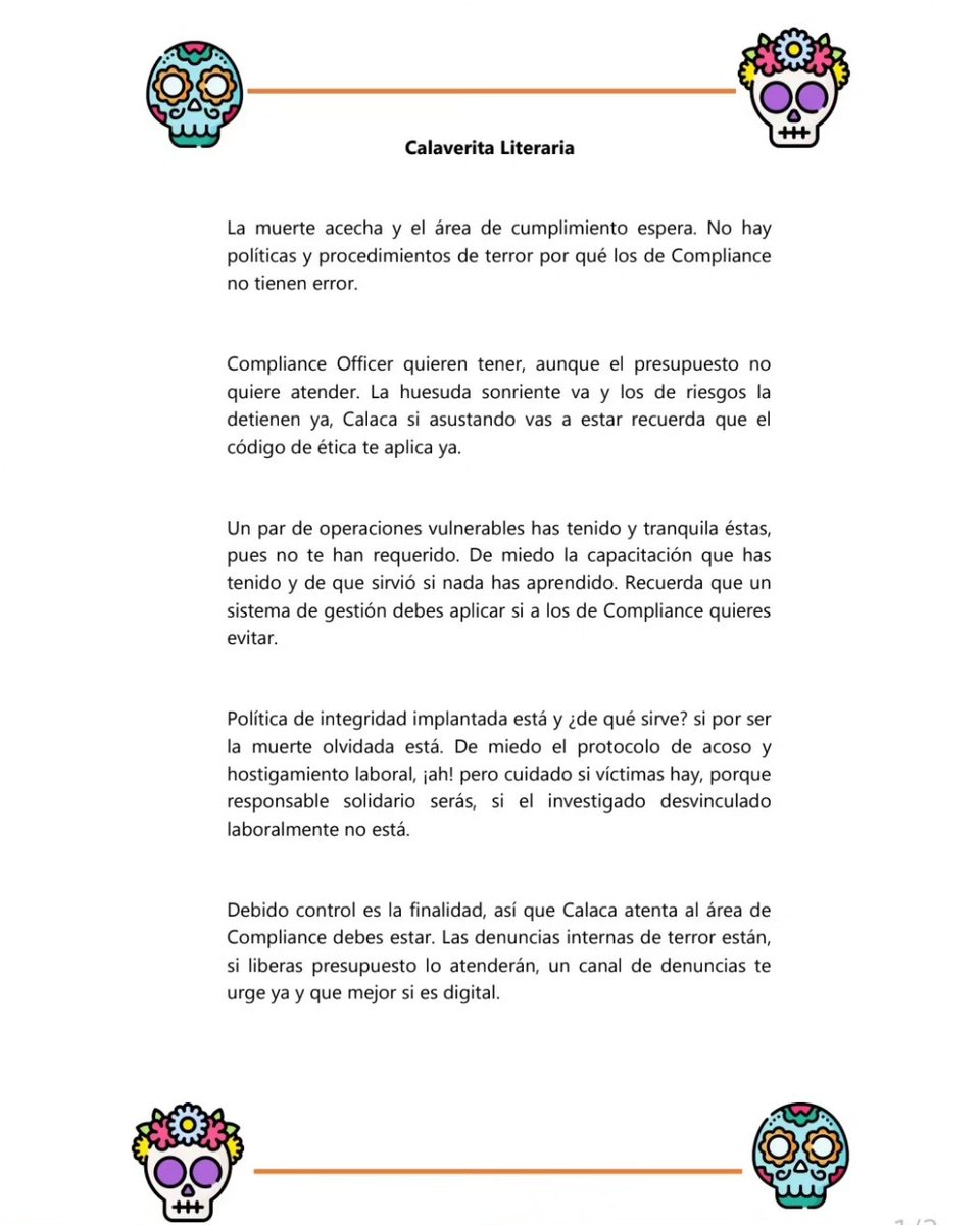 compliance_mx's tweet photo. No podíamos dejar de dedicar una breve #calaveritaliteraria para todas y todos los #ComplianceOfficer. 

Con cariño y admiración, de nuestro director Rogelio García.

💀Día de muertos💀🇲🇽 https://t.co/gY3RKEMmt4