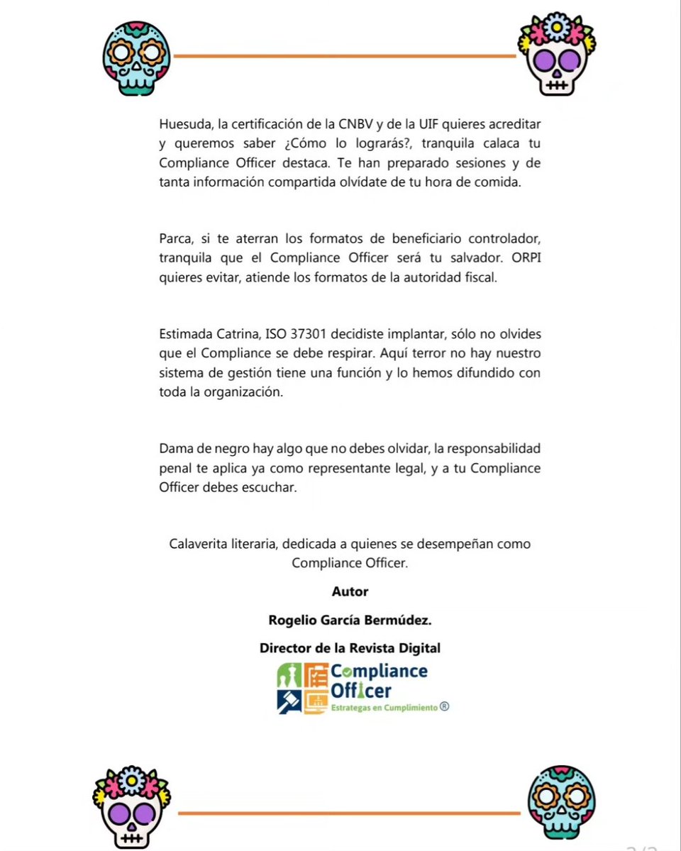 compliance_mx's tweet photo. No podíamos dejar de dedicar una breve #calaveritaliteraria para todas y todos los #ComplianceOfficer. 

Con cariño y admiración, de nuestro director Rogelio García.

💀Día de muertos💀🇲🇽 https://t.co/gY3RKEMmt4