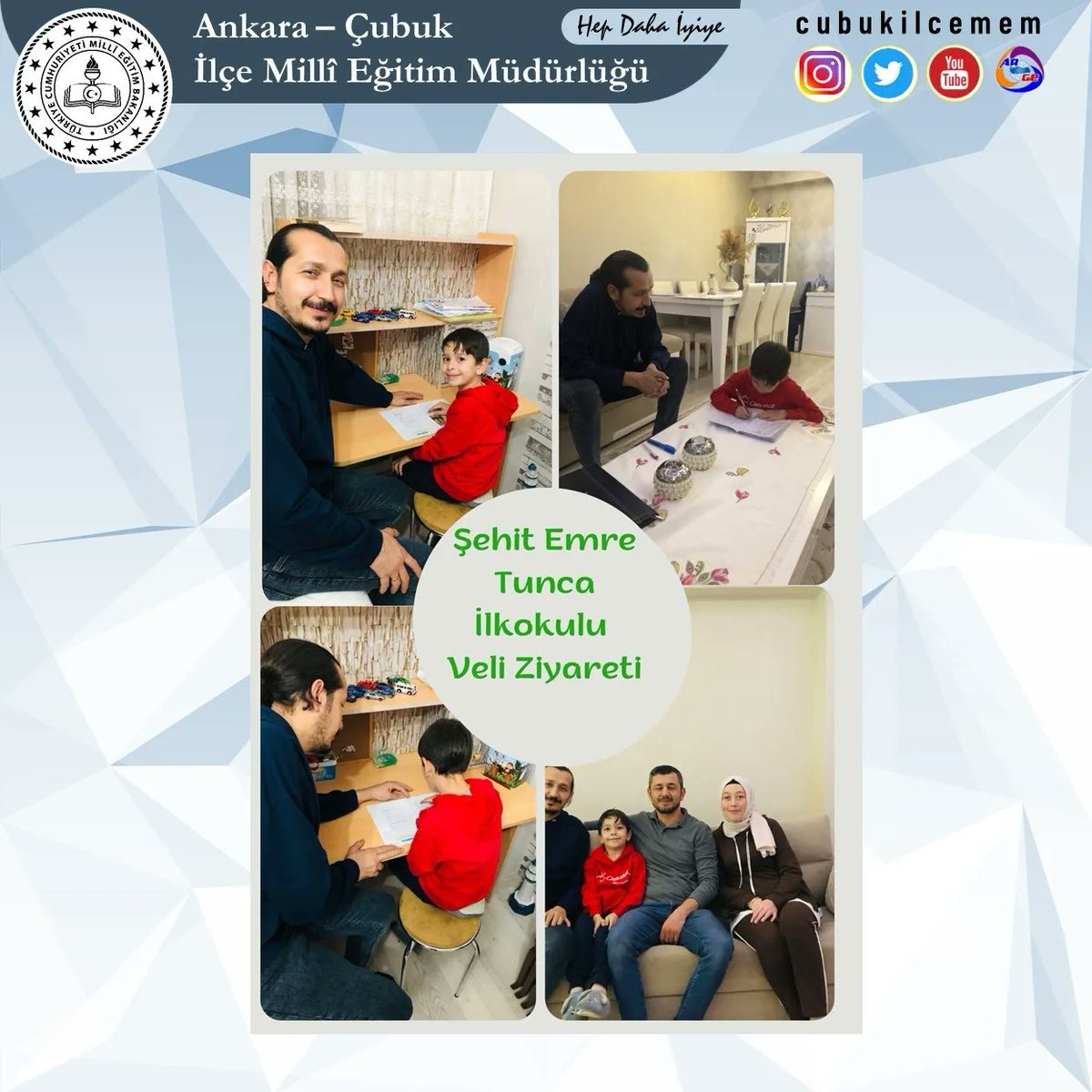 Vefakâr öğretmenlerimiz ve yöneticilerimiz, velilerimizi evlerinde ziyaret ederek, öğrencilerimize yararlı olmaya çalışıyorlar.
Şehit Emre Tunca İlkokulu yönetici ve öğretmenlerimize, bizleri evlerine buyur eden kıymetli velilerimize teşekkür ediyoruz.
<a href="/tcmeb/">Millî Eğitim Bakanlığı</a>
<a href="/kocakysr/">Yaşar Koçak</a>
<a href="/MemAnkara/">Ankara İl Millî Eğitim Müdürlüğü</a>