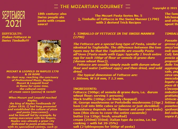 MozartCircle's tweet photo. #MozartCircle
#MozartGourmet
The new #MozartPastaSeries is here!
The 5th recipe:
#Timballo of Fettucce in the Swiss Manner
(original 1790 recipe)!
+ 2 derived Trick Recipes:
only mantecatura pasta & early version of #Carbonara, 154 years ante! ๐๐๐๐
https://t.co/NIBPGrK9mT https://t.co/90nC8LxXwg