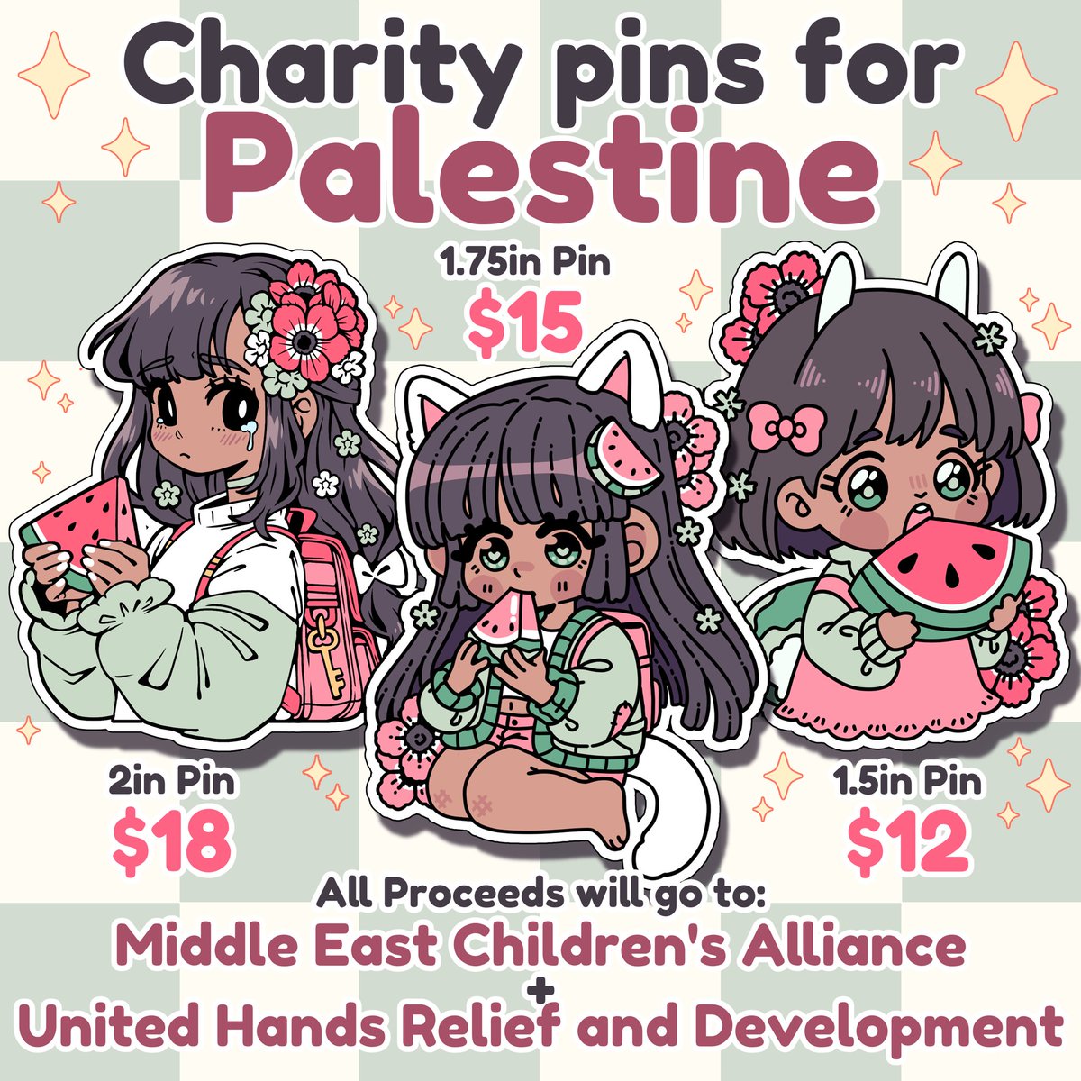 In collaboration with <a href="/Moshiwatermelon/">✿ MOSHI MELON ✿</a> and <a href="/tokki_sprout/">Star Bun Nora ✨🌙 ➡️ Megacon AA361</a>, we’ve created pins to raise money for Palestine. We are donating all profits from these pins to <a href="/MECAForPeace/">MECA</a> and United Hands Relief and Development!

Please RT so we can raise as much as we can!

Store link in replies!