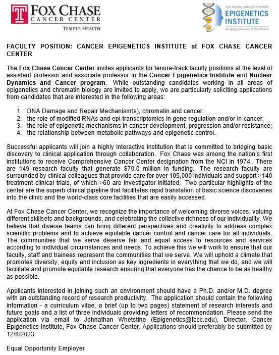 Please Repost- Excited to be recruiting @CeiFccc @FoxChaseCancer #epigenetic faculty to continue building our energetic, interactive, supportive #collegial environment Our goal- Basic Discovery & help translate to positively impact patients Apply here- jobs.sciencecareers.org/job/650641/fac…