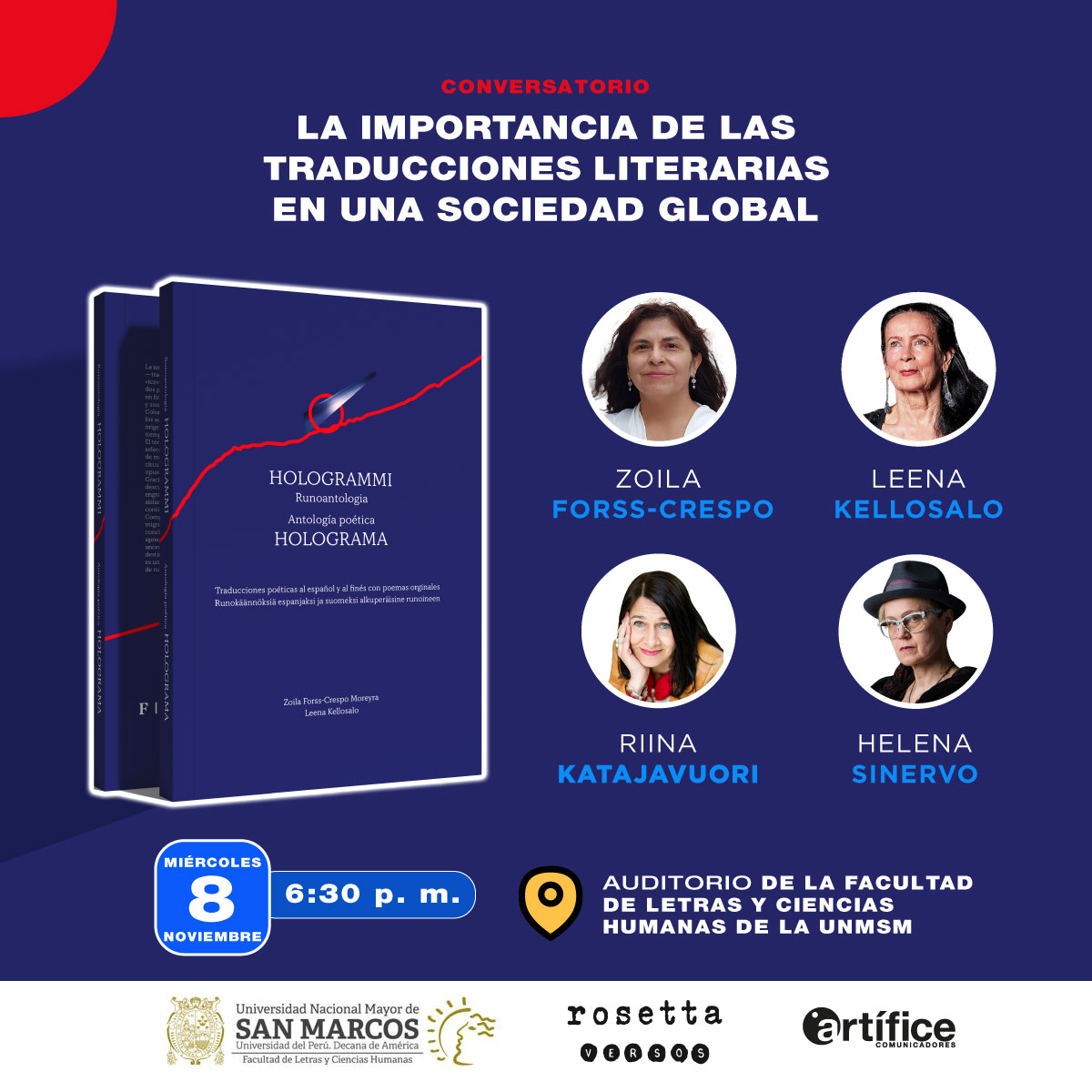 🤩Nos preparamos para vivir la belleza de la poesía bilingüe. Las finlandesas Leena Kellosalo, Riina Katajavuori, Helena Sinervo y la peruano-finlandesa <a href="/ZoilaForss/">Zoila Forss-Crespo Moreyra</a> compartirán su poesía en un encuentro internacional. Ellas forman parte de la antología poética #Holograma. 🇵🇪 🇫🇮