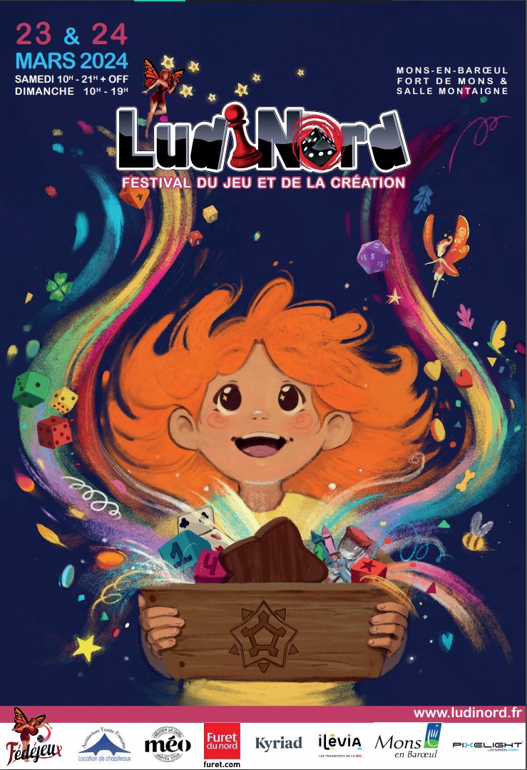 Hey... Pssst, le Twitter jeu de société... On a nos dates, et notre affiche pour la 14e édition du festival LudiNord!
C'est Jeanne Andart ( jayn.artstation.com ) qui nous a fait cette magnifique illustration, on espère qu'elle vous plaira, et on se voit le 23 mars !!