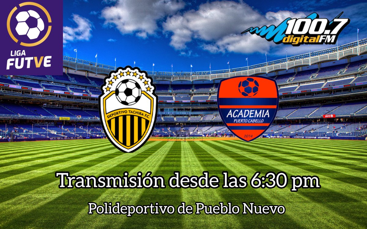 🎙FÚTBOL VENEZOLANO 🎙
⚽ Deportivo Tachira v Academia de Puerto Cabello  F.C 
✅ Narración:Javier Quintero 
✅ Comentarios: Angel Lanza 
✅Datos: Juan Henao
✅ Voz Comercial: Eliecer Castillo 
📻 Frecuencia: Digital 100.7 FM