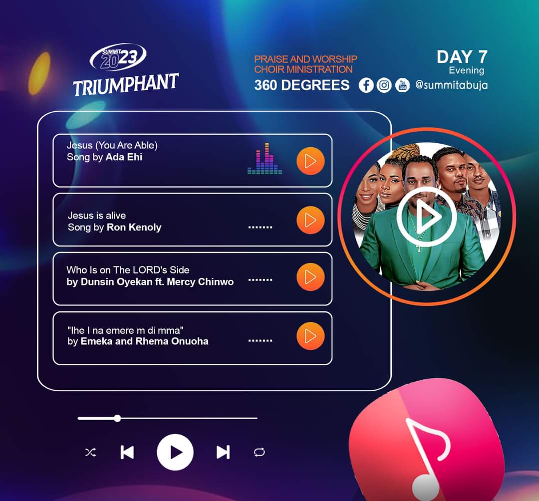 SummitAbuja's tweet image. Here are the songs ministered by 360 Degrees on Day 7 Evening session of the conference. Feel free to update your playlist.

#Day7
#360Degrees
#EveningSession 
#Summit2023
#Triumphant
#SummitConference