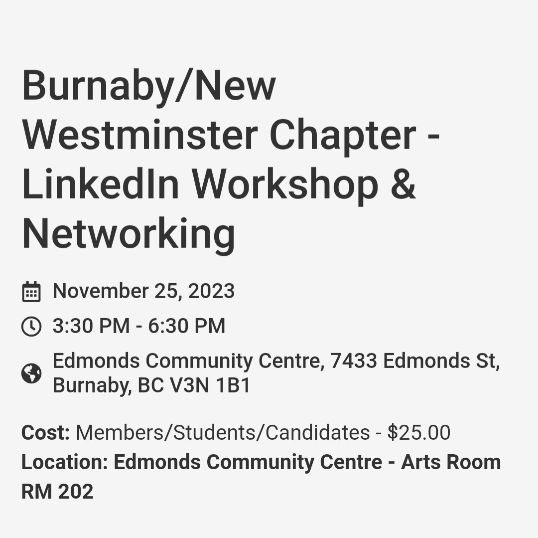 CPABCburnabynw's tweet photo. Got your tickets yet?
For $25, you get an amazing networking experience, light refreshments and opportunity to claim CPD.
Space is limited so get your tickets today!!!
https://t.co/ePMKdUwf9Y
#Cpaburnabynewwest #cpabc #cpasconnect #cpasnetwork #linkedinworkshop https://t.co/72HibKy7Hv