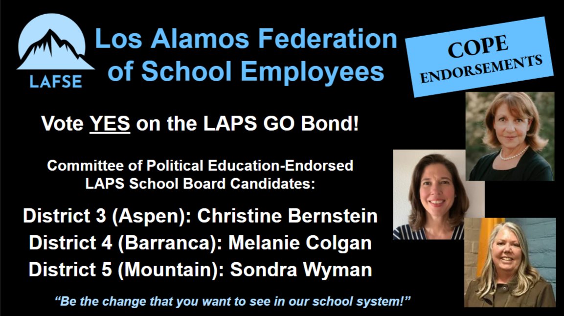 Don't forget to vote tomorrow between 7:00 AM and 7:00 PM at one of these polling locations:
-Los Alamos County Municipal Building: Council Chambers
-UNMLA: Building 2
-LA County Golf Course Community Building
-Betty Ehart Senior Center
-White Rock Town Hall
See you at the polls!