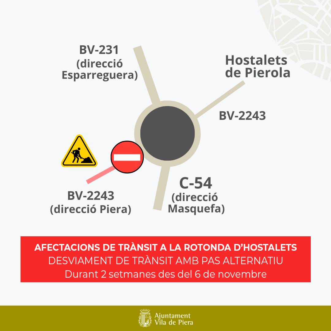 viladepiera's tweet photo. ➡️ Els usuaris que vinguin d’Esparreguera tampoc podran girar a l’esquerra cap als Hostalets i hauran de fer canvi de sentit a la següent rotonda (la del tractor).

⭕ Seguiu les indicacions que trobareu a les senyals per obres de trànsit de la zona. https://t.co/ITyRq3onUI