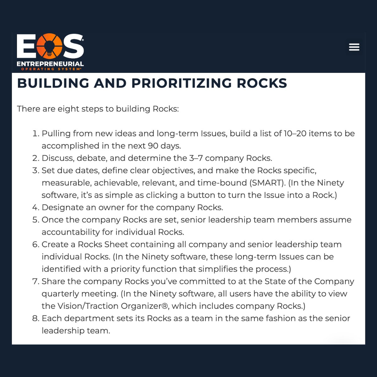 kevingarm's tweet photo. Rocks are an integral element of the Entrepreneurial Operating System® (EOS). They support annual goals or fix processes and help us gain traction on your vision.

Great tips from @eosworldwide:
https://t.co/D8Bls6LZ1y

#RunningOnEOS #entrepreneurship https://t.co/NPxuR4btuX