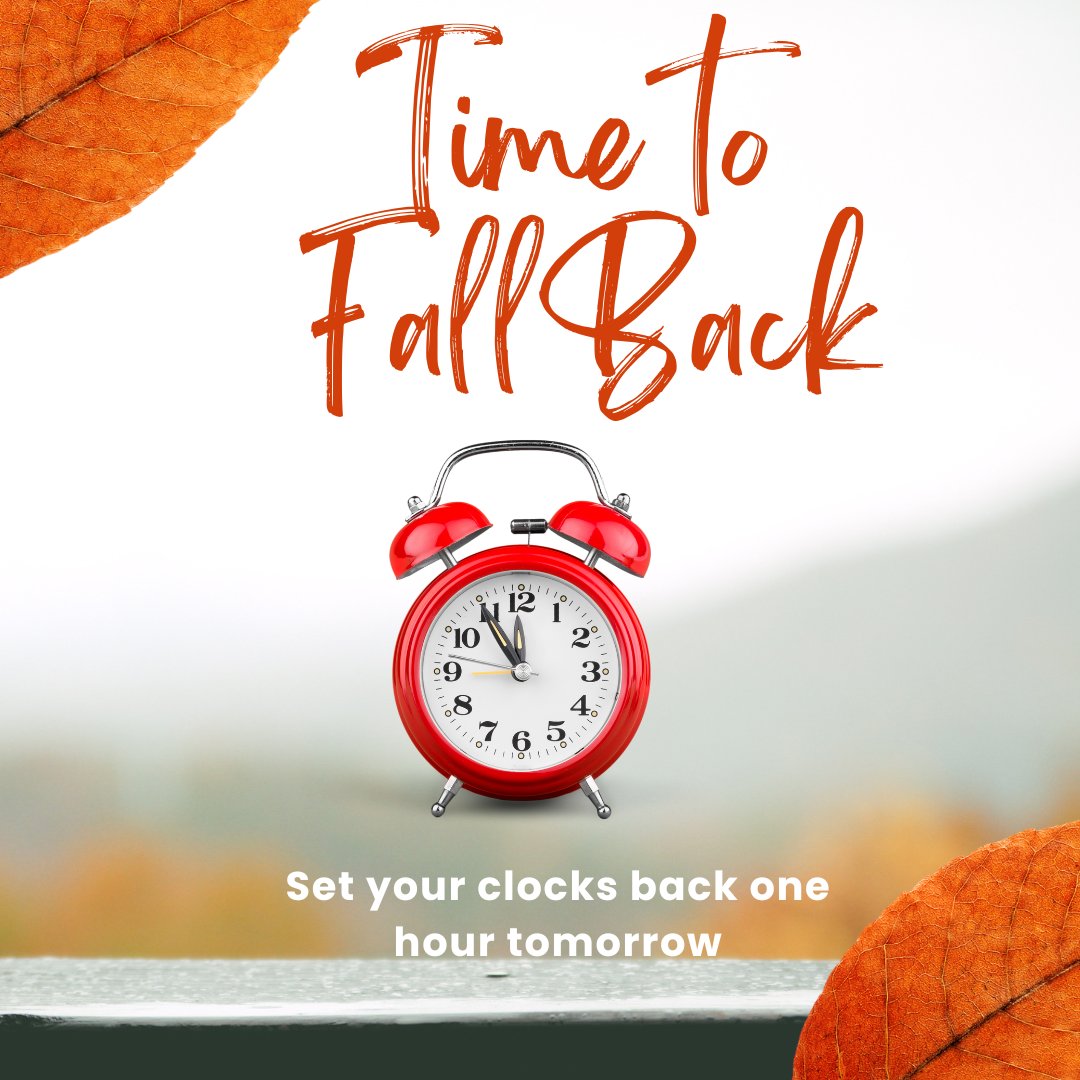 🌞 Don't forget to "fall back" tomorrow! ⏰ 

Daylight Saving Time ends, which means you get an extra hour of sleep! 

🛌 Set your clocks back one hour before bed and enjoy that cozy, extended night's rest. 🌙 

#DaylightSavingEnds #ExtraHour #SleepIn