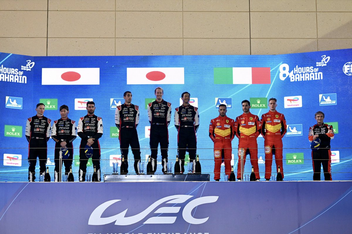 BAH_Int_Circuit's tweet photo. Toyota Gazoo Racing #8 have won the 2023 Bapco Energies #8Bahrain!

Joining them on the overall podium are Toyota Gazoo Racing #7 &amp; Ferrari AF Corse #50!

Winners of the LMP2 class are Team WRT #41, while taking the LMGTE Am top honours are Iron Dames #85. 

#WEC https://t.co/2pbKV6EI5t