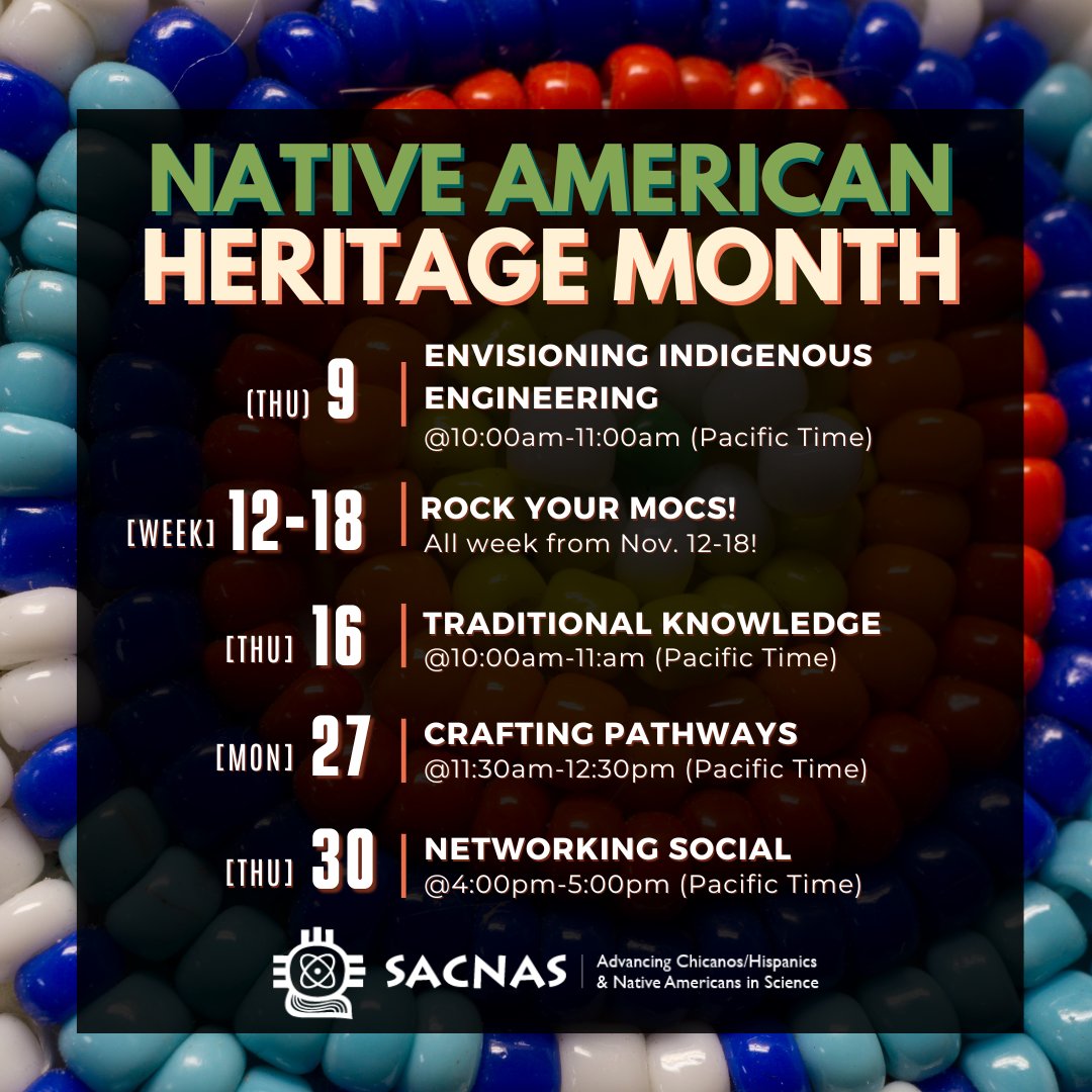 Happy Native American Heritage Month! Join us in commemorating this incredible heritage by following us for updates and participating in our engaging November events. #SACNAS #NativeHeritageMonth #STEM #NativeinSTEM #IndigenousinSTEM #NativeInitiatives