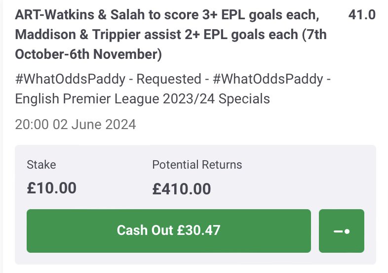 Good point Jack, all eyes on Watkins.

We'll land the 40/1 Outright if he scores twice v Forest tomorrow.

It's possible, I'll see you then.