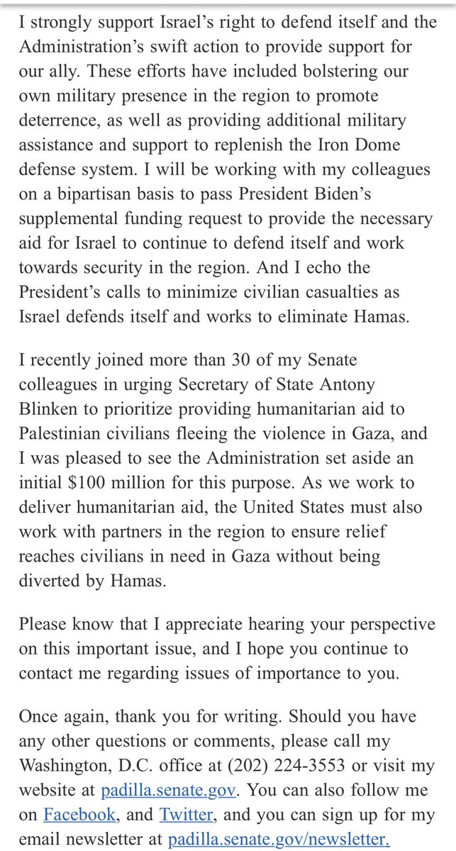 m3lan0ma's tweet photo. Alex Padilla’s automated email response to my call for a ceasefire. “I strongly support Israel’s right to defend itself”. Vote him out. #FreePalestine #CeasefireForGazaNOW https://t.co/pvwTpAnNYt