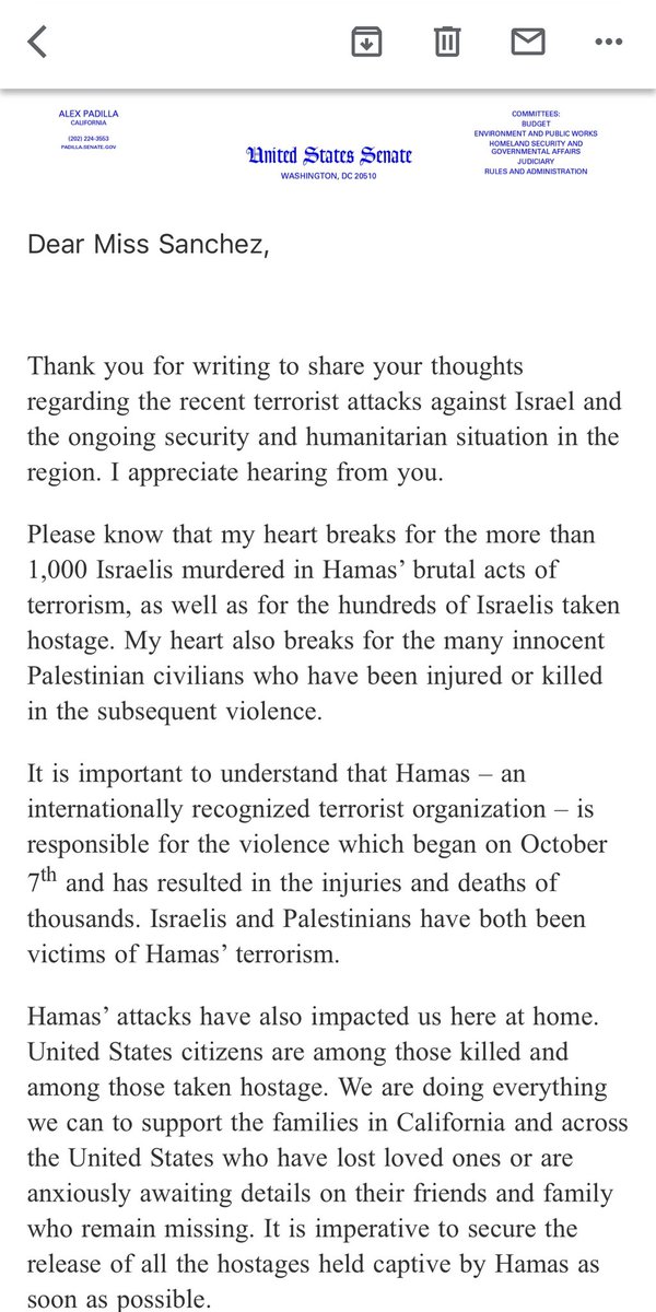m3lan0ma's tweet photo. Alex Padilla’s automated email response to my call for a ceasefire. “I strongly support Israel’s right to defend itself”. Vote him out. #FreePalestine #CeasefireForGazaNOW https://t.co/pvwTpAnNYt