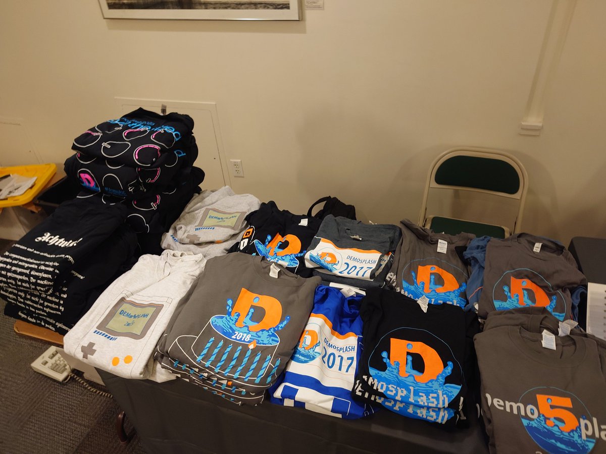 demosplash's tweet image. Want a souvenir (or several) of your time at #Demosplash? This year's shirts are for sale for $15 each, and prior year and Achtung! shirts are available for $10 each. Shirts are at the registration desk.