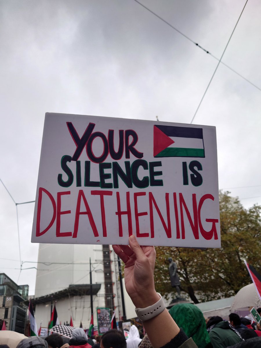 There is no pretending after denying a ceasefire 🤬 #UKComplicit 'Your silence is deathening' sign from today's Manchester march for Palestine where tens of thousands showed & spoke up for an end to this genocide #FreePalestine
