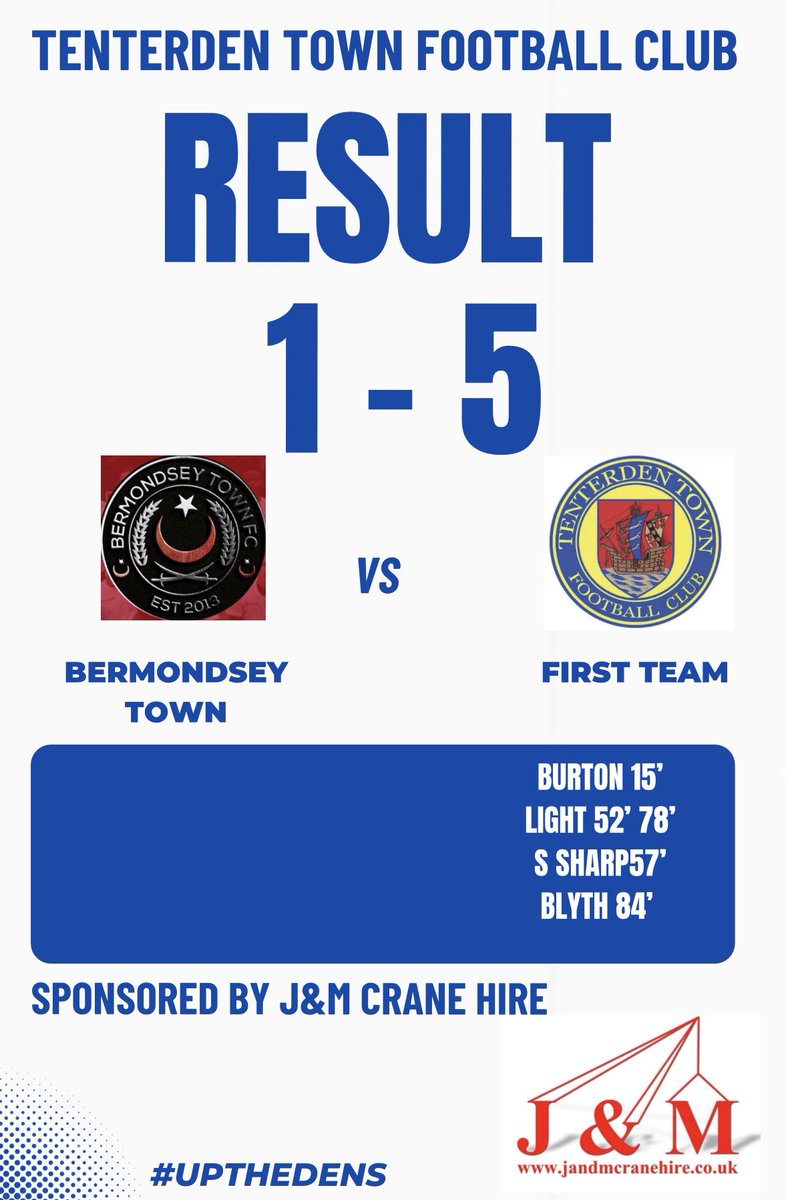 Result! 

Bermondsey Town 1-5 First team 

A great result away from home for the boys, going into the HT break at 1-0 to the good, second half we came out &amp; was far more clinical putting 4 more past the home side. 
Result see’s us move up to 2nd in the league! 
#UpTheDens
