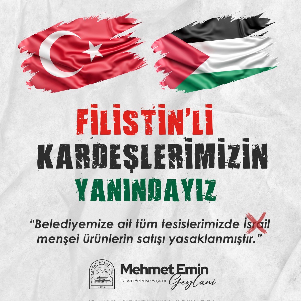 EminGeylani's tweet photo. Filistin'li kardeşlerimizin yanındayız. 🇹🇷

Belediyemize ait tüm tesislerimizde israil❌ menşei ürünlerin satışı yasaklanmıştır! #Boykot https://t.co/xKWXTGO4WI