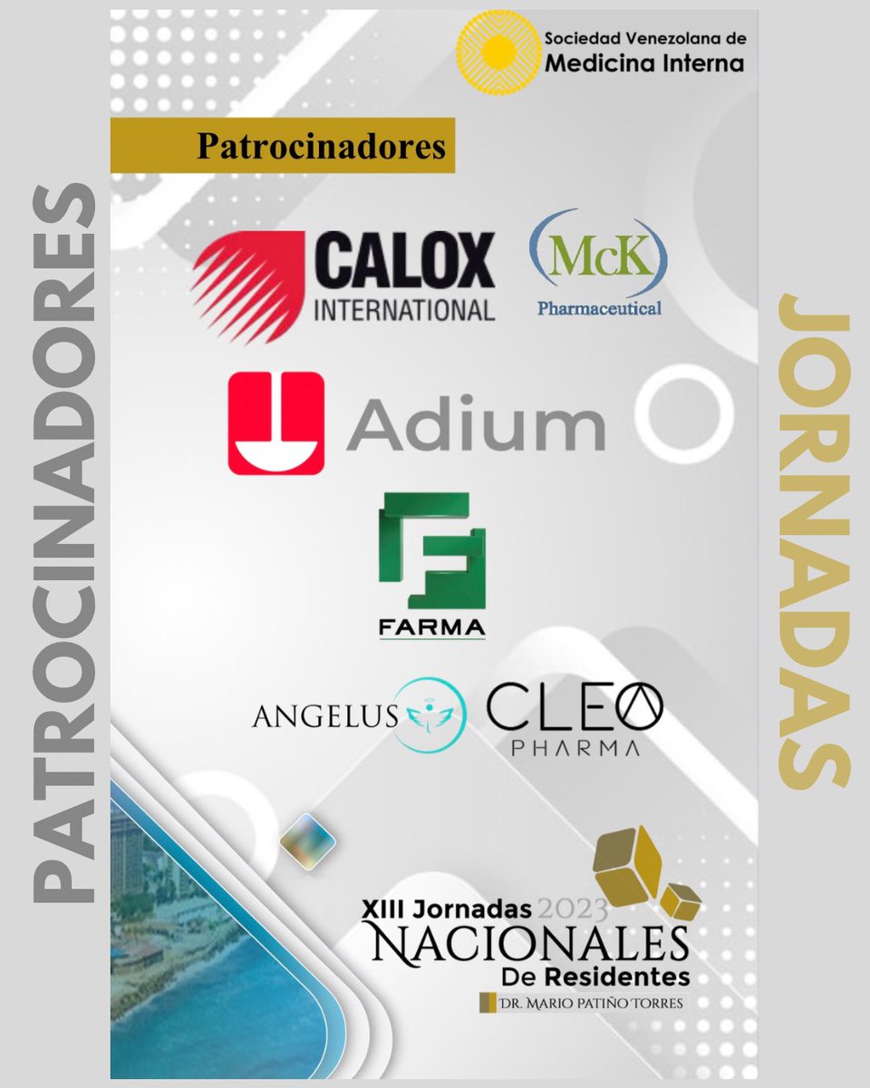 Queremos agradecer a nuestros maravillosos patrocinadores que hicieron posible las XIII Jornadas Nacionales de Residentes Dr. Mario Patiño Torres.

✅ McK - Calox 
✅ Adium 
✅ Farma 
✅ Ángelus 
✅ Cleopharma 

¡Mil Gracias por su constante apoyo!

#SVMI #JornadasDeResidentes