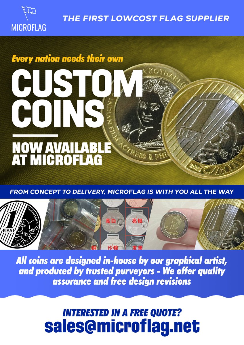 Micro_Flag's tweet photo. 🪙 Every micronation deserves its own unique custom coins! MicroFlag, the first low-cost flag supplier, now offers Custom Coins. 🌟 Our in-house graphic artist will help bring your vision to life. Contact us for a free quote. Elevate your micronational presence today! #MicroFlag https://t.co/ScNRzc9jvF