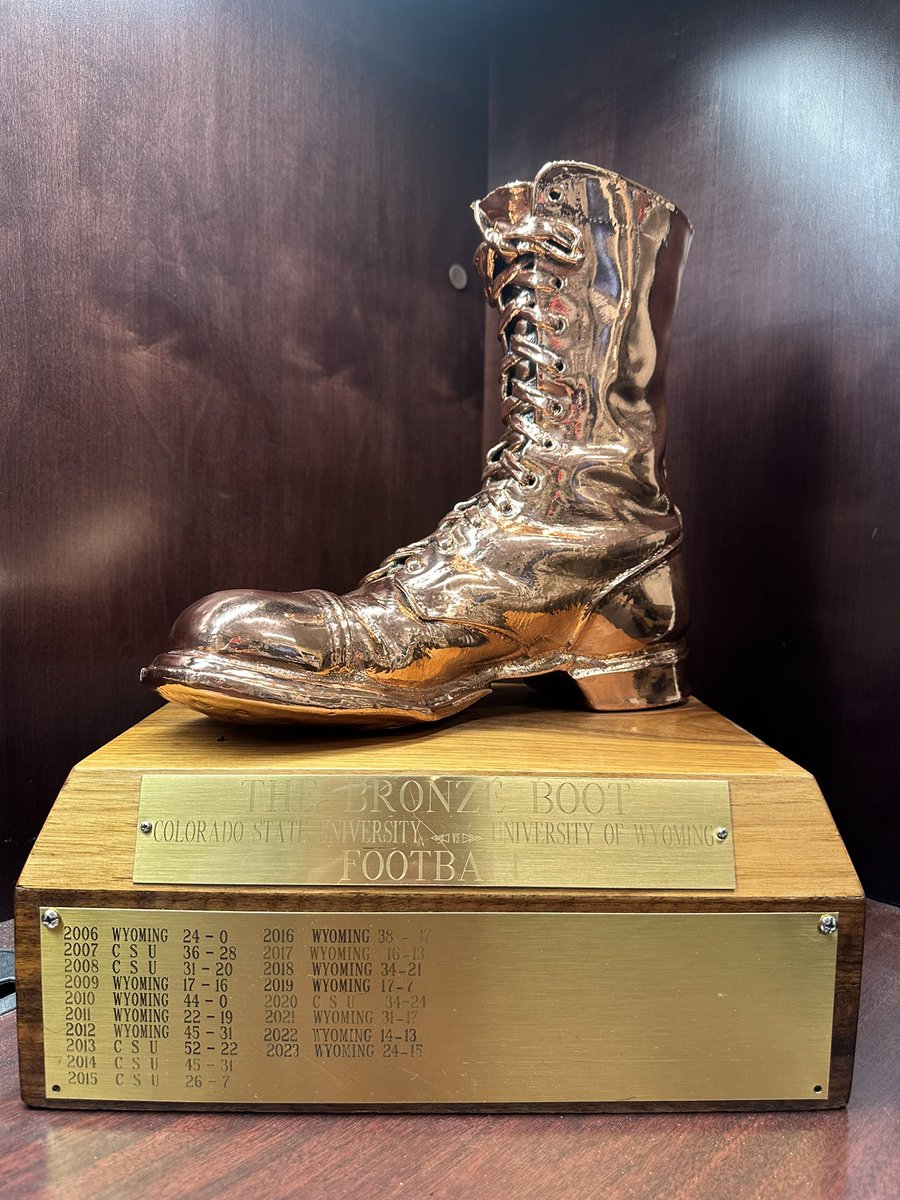 WyoFBEQ's tweet photo. Put it on the plate, it’s official! @wyo_football kept the boot and the plaque is updated! We had the best job in Wyoming today! #RideForTheBrand #KeptTheBoot https://t.co/rqfLgyeLIp