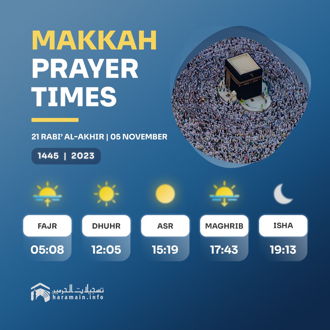 𝗛𝗮𝗿𝗮𝗺𝗮𝗶𝗻 on X: “Daily Prayer Times in Haramain 🕋 • 21