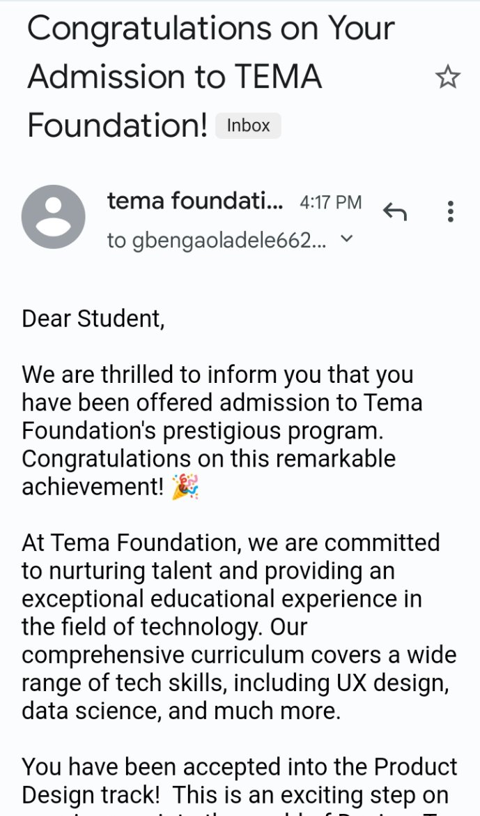 Grateful and excited to have been accepted into Tema Foundation's UI/UX design program! 🥳 Ready to dive deep into the world of user experience and design innovation. Let the learning begin! #TemaFoundation #DesignEnthusiast #DreamsIntoReality
#Tem_foundation