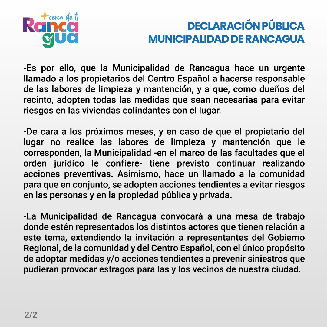 munirancagua's tweet photo. DECLARACIÓN PÚBLICA DE LA MUNICIPALIDAD DE RANCAGUA 

A raíz del incendio ocurrido este sábado 4 de noviembre, en dependencias del Centro Español de Rancagua, la Municipalidad de Rancagua quiere aclarar a la comunidad lo siguiente:
 
[HILO] https://t.co/Toqr1LSu6v