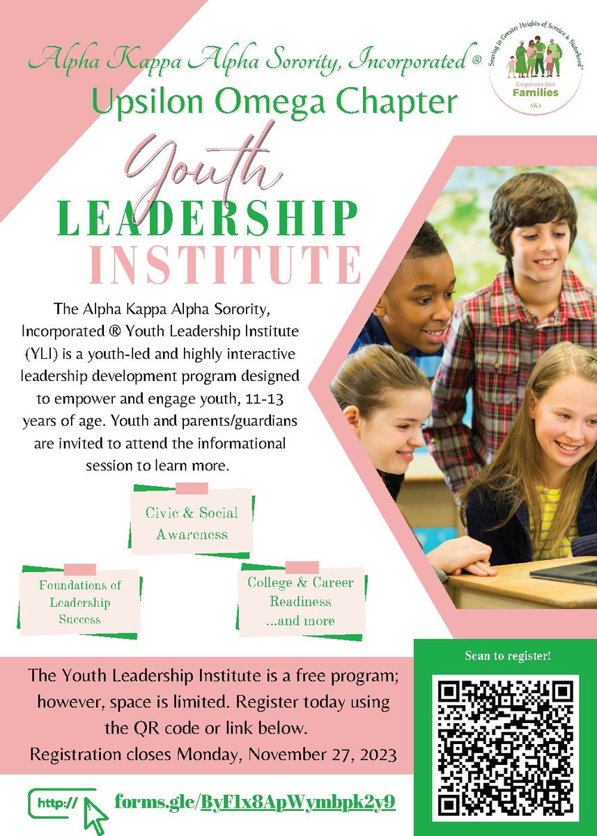 The Youth Leadership Institute is a free program, however space is limited! Register your youth, ages 11-13, for this interactive and engaging leadership development program by November 27, 2023. #EmpowerOurFamilies #UpsilonOmega #MARConnects #SoaringWithAKA