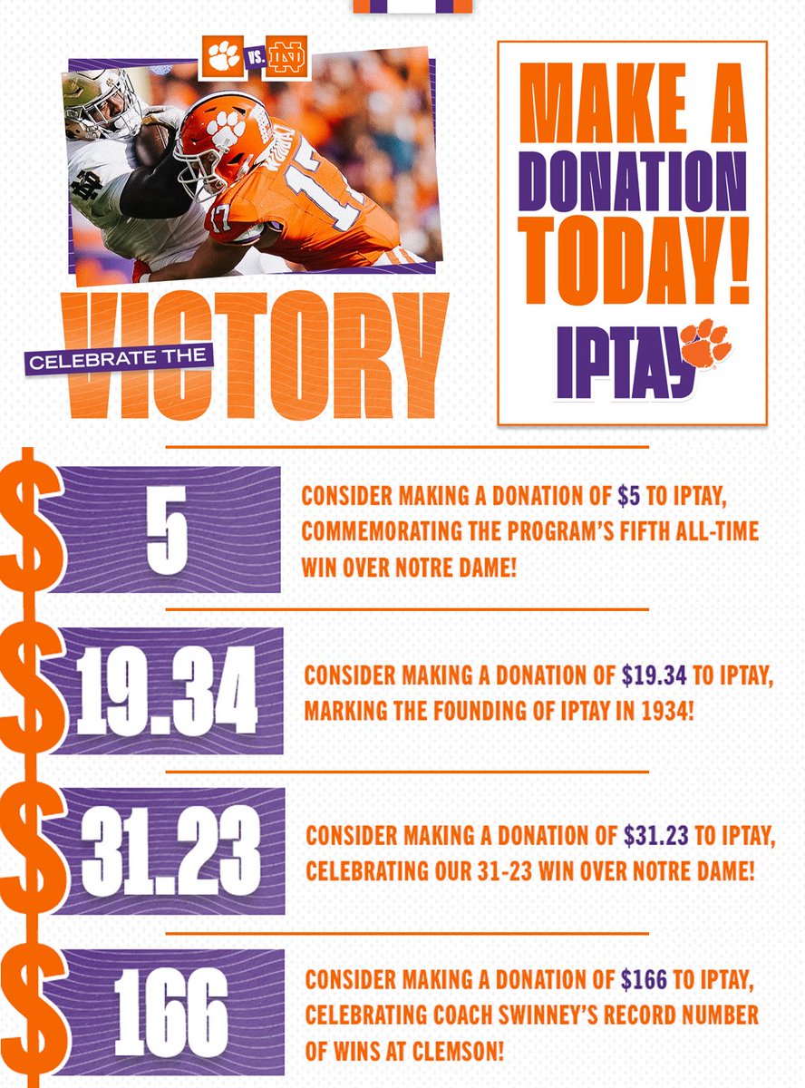 IPTAY's tweet photo. TIGERS WIN! 🧡💜 Help us celebrate the #IPTAYDay victory by giving to IPTAY at one of these symbolic amounts! Every gift, no matter the amount, makes a difference for @ClemsonTigers student-athletes! GO TIGERS! 🐅
🔗: https://t.co/2wuEc6hLiP https://t.co/1eP19pcjsV