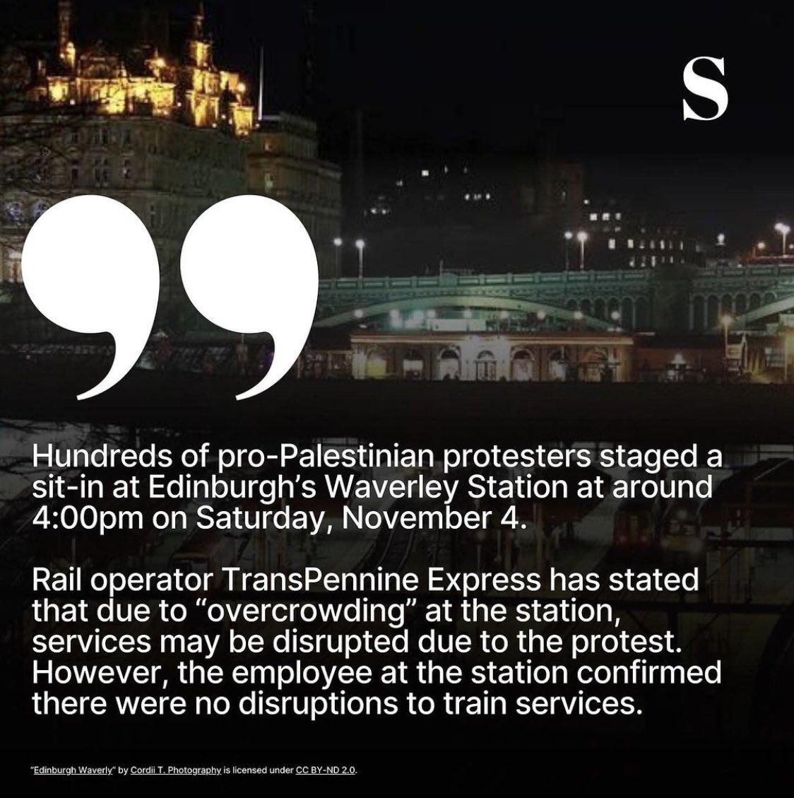 BREAKING: Hundreds of pro-Palestine protesters staged a sit-in at Edinburgh’s Waverley Station at around 4:00pm today. The nationwide protests were organised by the Stop the War Coalition, as they called for a national day of action for Palestine.