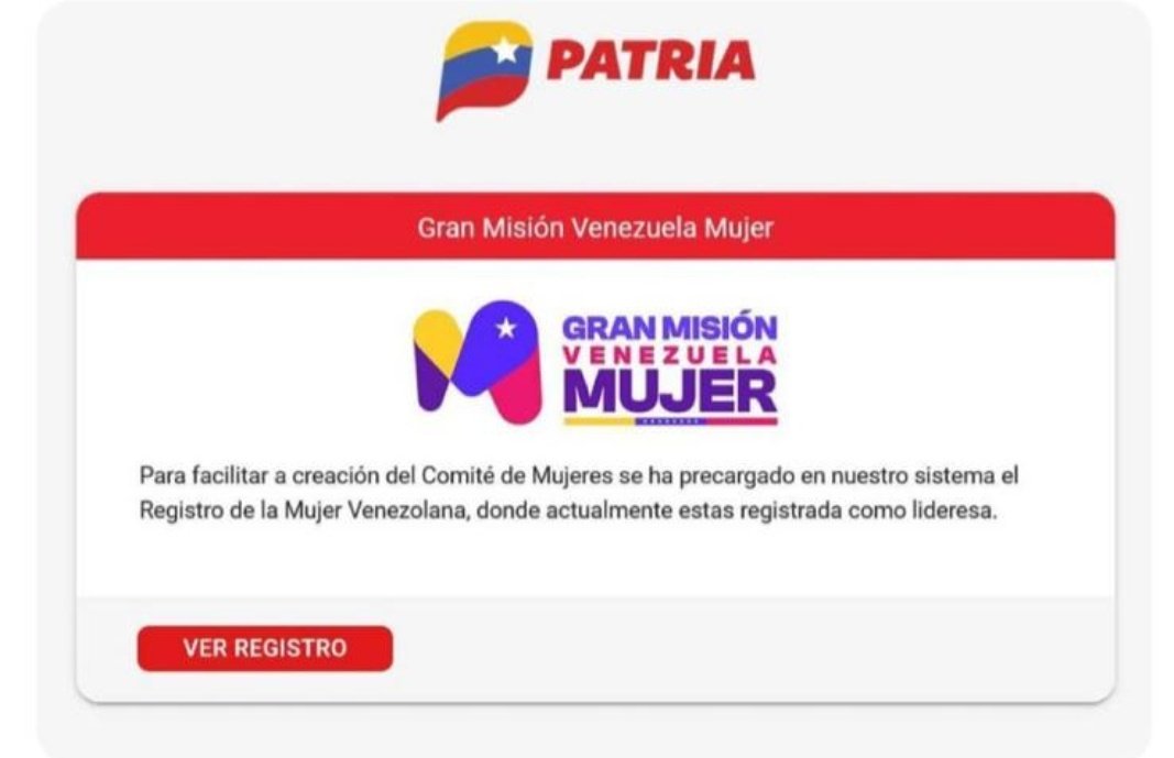 ¿Mujer ya te regístraste en la plataforma Patria?

Te invitamos a participar en la Gran Misión Venezuela Mujer 🚺 🇻🇪

#5VecesSíPorMiEsequibo