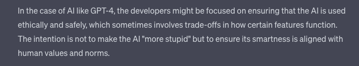 If you think ChatGPT got worst after May/23, you're not alone. It was nerfed due to "human values &amp; norms" Here's the proof, by himself:
<a href="/OpenAI/">OpenAI</a> <a href="/sama/">Sam Altman</a> 
Cancelled my subscription today.