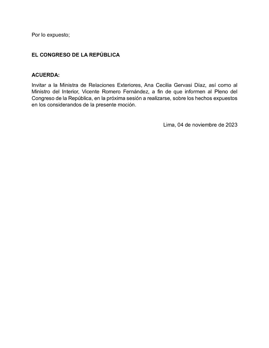 🔴 Esta es la moción que va a presentar Fuerza Popular para que los ministros del Interior y de Relaciones Exteriores vayan al pleno a dar explicaciones. Una por el viaje de la presidenta a EE.UU., y el otro por la inacción frente a la ola de  delincuencia.
