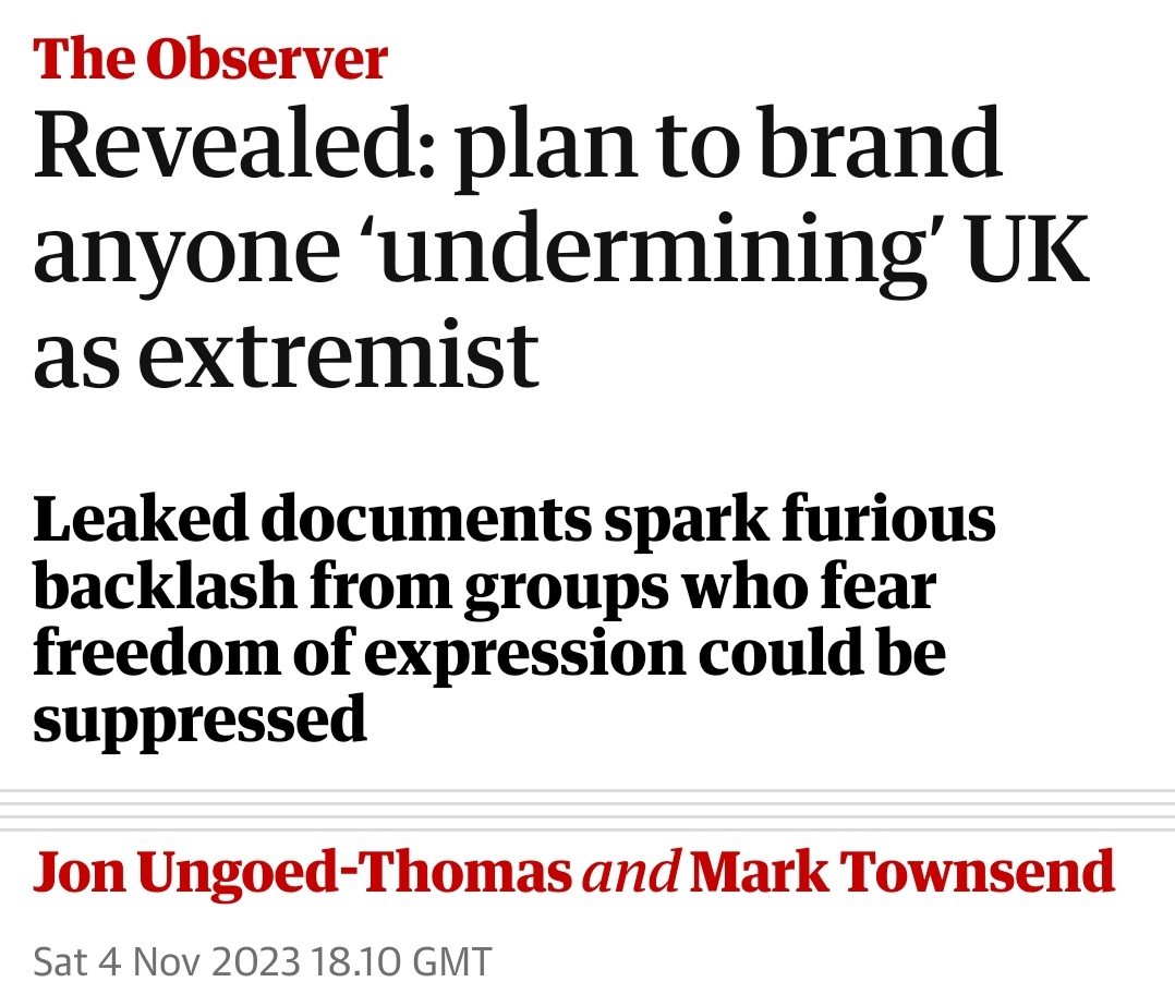 We are going to define extremism as undermining the UK's democracy. So an extremist will be someone who, for example, tries to disenfranchise voters through voter ID, or who outlaws peaceful protests or tries to illegally prorogue Parliament...