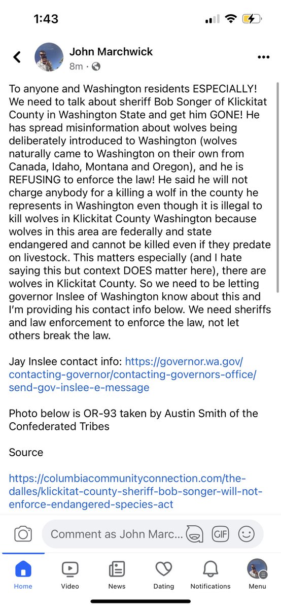 Bob Songer, a sheriff in Klickitat County Washington, is refusing to charge people who kill wolves in his county even though it’s illegal to kill a wolf in there because they are federally and state endangered! Please contact Washington’s governor here: governor.wa.gov/contacting-gov…