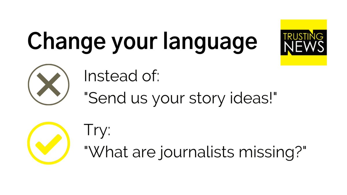 Journalists, let's agree to stop asking for 'feedback' and 'story ideas'. Instead, let's tweak our invitations to be more accessible and helpful to our communities. More on how to do that here. trustingnews.org/trustkits/feed…