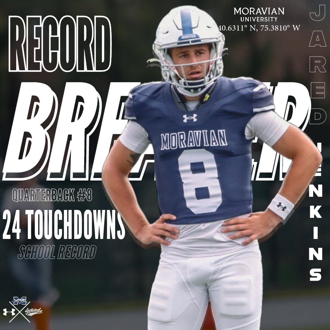 Congratulations to @moravianfb quarterback Jared Jenkins on breaking the school record for passing touchdowns in a season after he threw two touchdown passes to give him 25 on the season, breaking Sean Keville's record of 23 set in 1994. #HoundEm