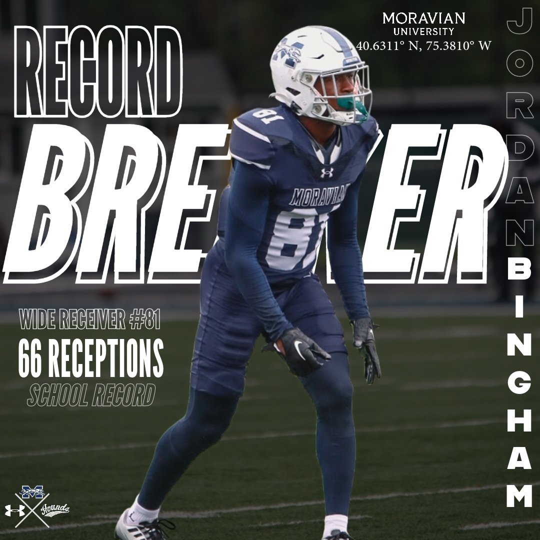 Moravian Greyhounds (@mugreyhounds) on Twitter photo Congratulations to <a href="/moravianfb/">Moravian Football</a> wide receiver Jordan Bingham on breaking the school record for receptions in a season after he caught 8 passes to give him 69 on the season, breaking Aaron Hudson's record of 65 set in 2016. #HoundEm Congratulations to <a href="/moravianfb/">Moravian Football</a> wide receiver Jordan Bingham on breaking the school record for receptions in a season after he caught 8 passes to give him 69 on the season, breaking Aaron Hudson's record of 65 set in 2016. #HoundEm