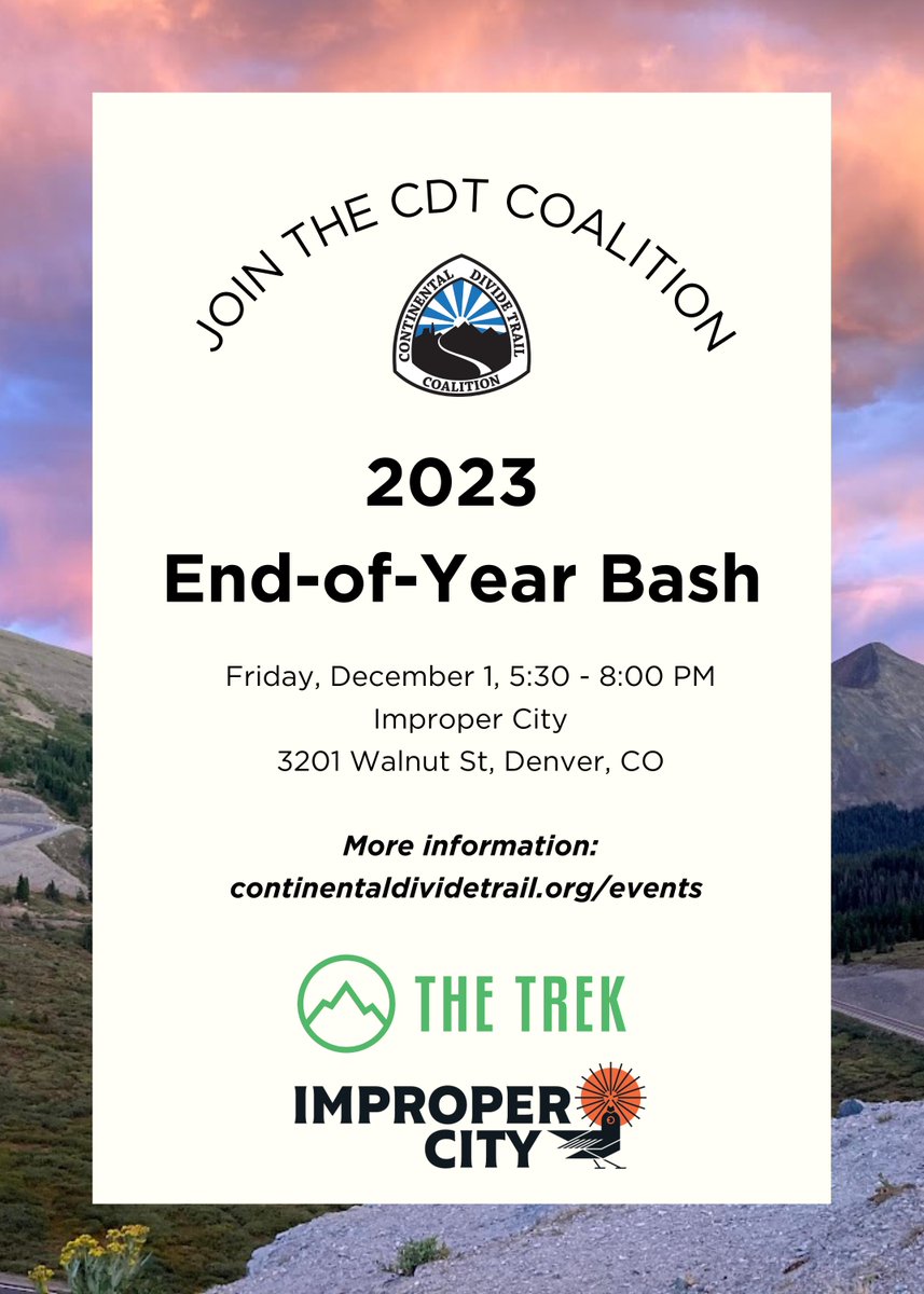 Grab your ugliest holiday sweater and join us for an End-of-Year Bash in Denver on December 1! We are partnering with <a href="/thetrekco/">The Trek</a> and Improper City for an evening of raffles, giveaways, and mingling with fellow hikers. More info: continentaldividetrail.org/event/cdtc-end…