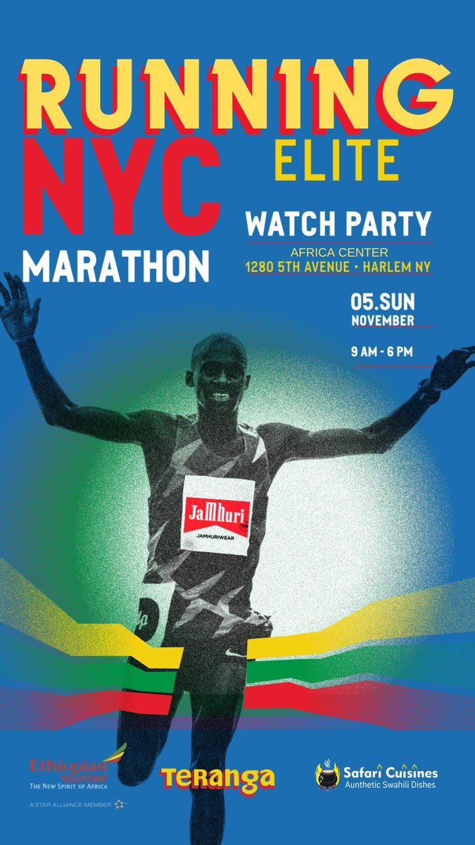 Join us tomorrow for our annual community cheer squad get together from 10am-6pm NYC marathon Sunday at The África Centre  #Teranga
<a href="/nycmarathon/">TCS New York City Marathon</a> Watch party 🇰🇪🇪🇹
RSVP here > jamhuriwear.com/pages/running-…

#NYCMARATHON #running #NewYorkCity