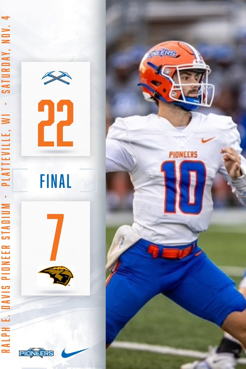 FINAL SCORE
Platteville: 22
Oshkosh: 7

Another Pioneer win⛏️

#swingtheaxe <a href="/uwp_pioneers/">UW-Platteville Athletics</a>