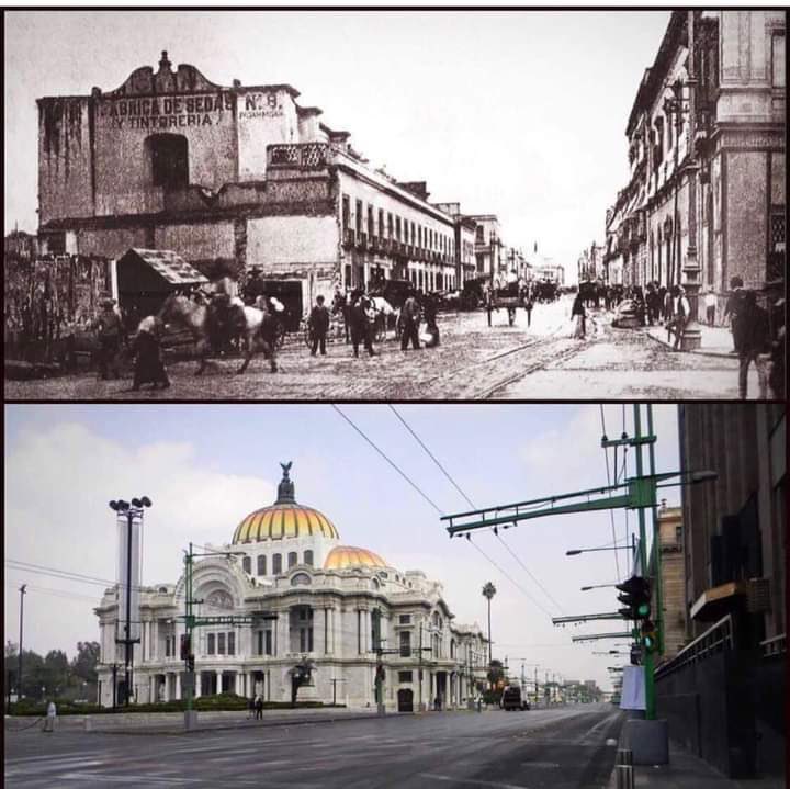 Cuauhtemoc_1521's tweet photo. La esquina de Eje Central y av. Juárez en una comparativa impresionante! En la primera fotografía se observa el antiguo Convento de Santa Isabel, el cual tuvo otros usos después de la expulsión de sus monjas. En la segunda se aprecia el Palacio de Bellas Artes, obra de Adamo Boari, el cual se construyó de 1904 a 1934. Su interior Art Decó, su exterio Art Nouveau. #CDMX 
Te invito a compartir
