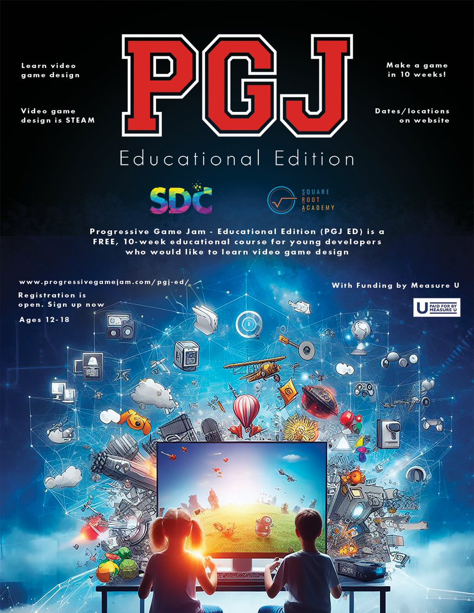 Registrations are now open for the inaugural #PGJ_ED, an educational course for young developers ages 12-18 to learn how to make a video game. For more information and to register, go to progressivegamejam.com/pgj-ed/ <a href="/sacgamedevs/">Sacramento Game Devs</a> <a href="/squarerootedu/">Square Root Academy</a>