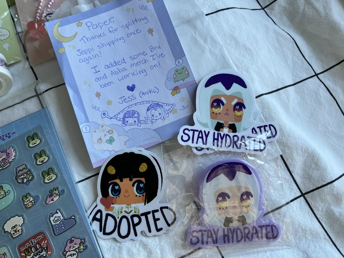 hi hello, i am alive, and swimming in beautiful goods thanks to <a href="/JOBI_JOJO/">죠비</a> and <a href="/cheezepenne/">펜네</a> 🥰😇💕 special thanks to <a href="/ArcticHareCos/">Arctic Hare Cos</a> who split shipping and sent adorable extra merch w the cutest bruabba doodle ever!!😘💜💙