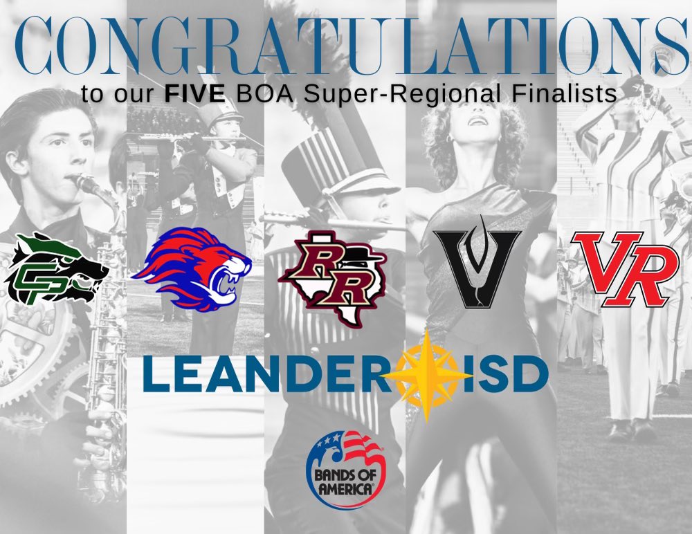 The #1LISD Marching Band season continues to hit epic levels down in San Antonio as five — count ‘em, FIVE — Leander ISD bands have made the finals of the <a href="/BANDSOFAMERICA/">BANDS OF AMERICA</a> TX Super Regional!

Finals start at 7pm followed by awards later tonight.