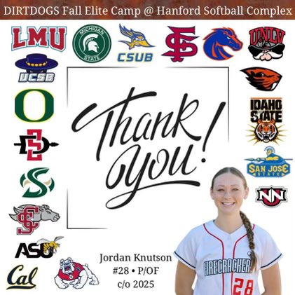 Thank you for the camp Dirt Dogs! Had a great time with my teammates and got to meet and see again some great coaches! 
Make sure to visit our team at our 4:15 game field 3 
Then our next game on field 4 at 5:45!