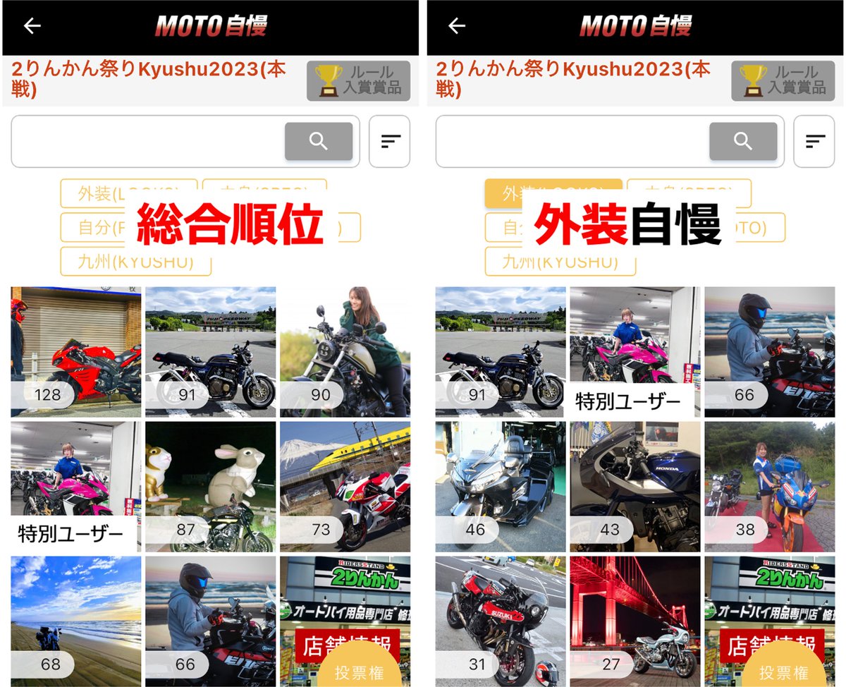 ＼決勝⚔️2️⃣日目🔥順位📣／ 

ついに🫵本日🎯
#2りんかん祭り 🔥㊗️🎉😎🎁

👇決勝2️⃣日目の順位

🏆総合1️⃣位
🏍️赤ドラゴン

🏆外装自慢1️⃣位
🏍️神風mk2仕様

🏆中身自慢1️⃣位
🏍️ロッシ号

🏆自分自慢1️⃣位
🏍️赤ドラゴン

🏆風景自慢1️⃣位
🏍️あーるえす

🏆九州自慢1️⃣位
🏍️rgv250Γペプシカラー

#MOTO自慢